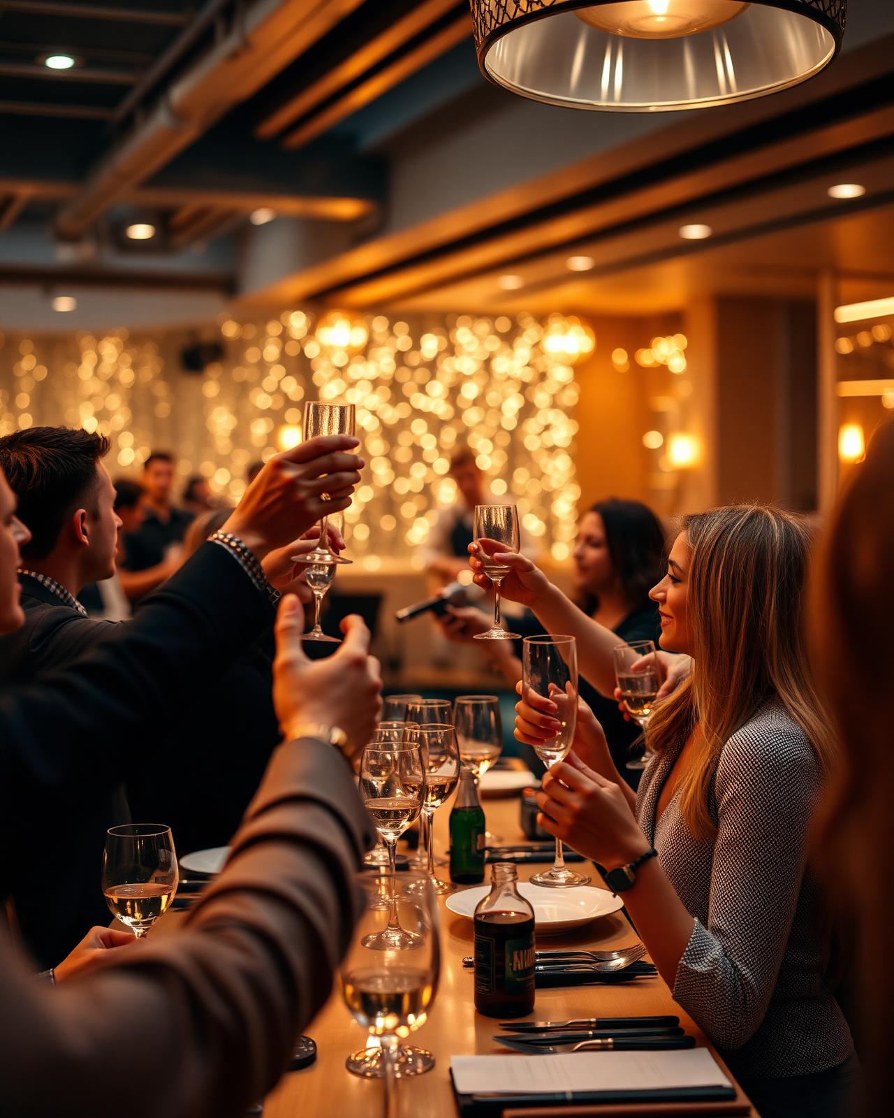 Corporate celebration with guests raising a toast under warm ambient lighting